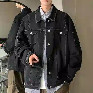 【dme】 美式潮牌高级感毛边设计水洗工装夹克时尚百搭破洞翻领长袖牛仔外套 男女同款