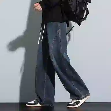 寻星记 美式高街复古潮牌宽松直筒阔腿百搭机能休闲做旧水洗拼接抽绳松紧腰长裤亲肤透气时尚潮流日常通勤户外运动牛仔裤 男女同款