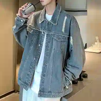 【dme】 美式潮牌高级感毛边设计水洗工装夹克时尚百搭破洞翻领长袖牛仔外套 男女同款