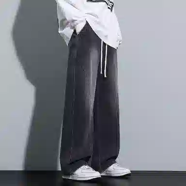 寻星记 美式高街复古潮牌宽松直筒阔腿百搭机能休闲做旧水洗拼接抽绳松紧腰长裤亲肤透气时尚潮流日常通勤户外运动牛仔裤 男女同款