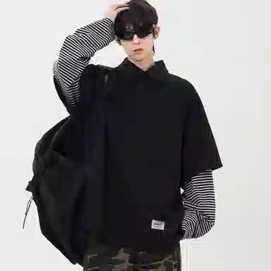 【dme】 日系简约翻领外穿拼接宽松休闲长袖上衣日常通勤舒适百搭假两件卫衣 男女同款