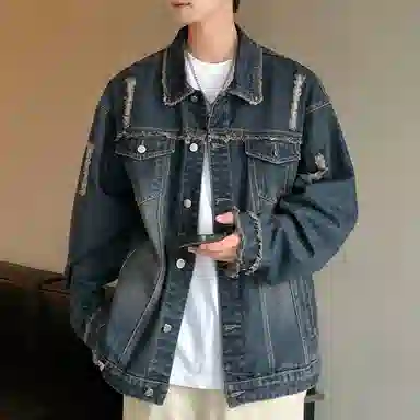 【dme】 美式潮牌高级感毛边设计水洗工装夹克时尚百搭破洞翻领长袖牛仔外套 男女同款