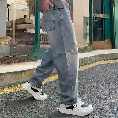 【dme】 薄款破洞刮烂复古做旧抽绳水洗牛仔裤 男款 怀旧色