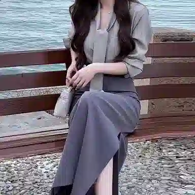 桴生 法式韩系气质飘带高腰长袖衬衫半身裙修身显瘦教资面试穿搭裙装套装 女款