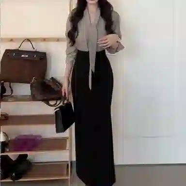 桴生 法式韩系气质飘带高腰长袖衬衫半身裙修身显瘦教资面试穿搭裙装套装 女款