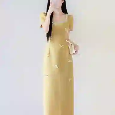 费尔岛上的猫 法式高级感泡泡袖小香风端庄大气优雅修身长裙短袖连衣裙 女款