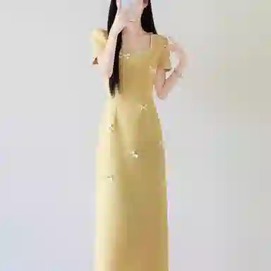 费尔岛上的猫 法式高级感泡泡袖小香风端庄大气优雅修身长裙短袖连衣裙 女款