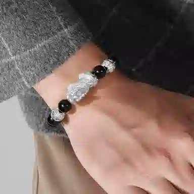 【招财貔貅】 熊银匠 吉祥瑞兽 平安好运 时来运转 聚财纳福 新中式国潮复古铜钱转运珠 男朋友 父亲 黑曜石 足银手串 男女同款情侣款