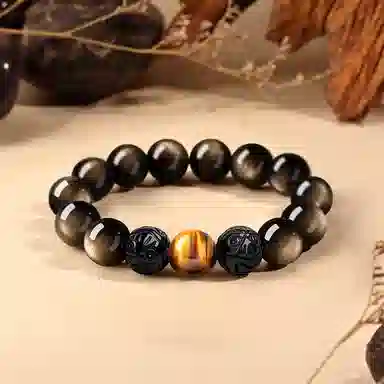 【聚财貔貅】 熊银匠 吉祥瑞兽 招财好运 平安纳福 财运亨通 新中式国潮虎眼石转运珠 金 黑曜石 手串 男女同款情侣款
