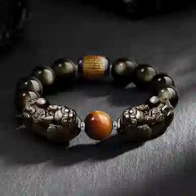 【财源貔貅】 熊银匠 招财进宝 瑞兽心经 聚财纳福 吉祥好运 新中式国潮复古虎眼石玛瑙金曜岩转运珠手饰 黑曜石 手串 男女同款情侣款