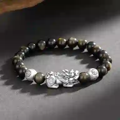 【招财好运】 熊银匠 瑞兽貔貅 吉祥如意 聚财纳福 新中式国潮复古高级感钱币福珠转运珠 男朋友 父亲 黑曜石 足银手串 男女同款情侣款