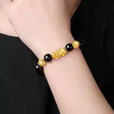 【祥瑞貔貅】 熊银匠 吉祥 招财好运 聚财纳福 新中式国潮福运金钱珠转运珠 黑曜石 手串 男女同款情侣款