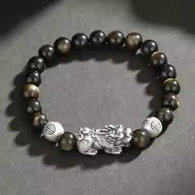 【招财好运】 熊银匠 瑞兽貔貅 吉祥如意 聚财纳福 新中式国潮复古高级感钱币福珠转运珠 男朋友 父亲 黑曜石 足银手串 男女同款情侣款