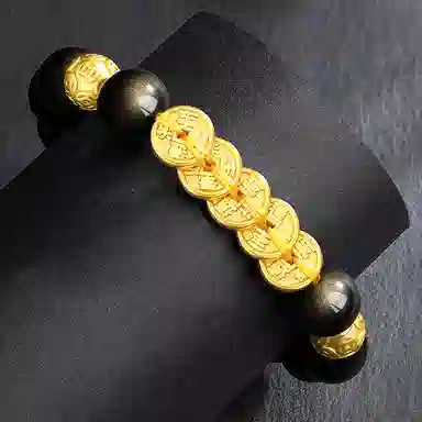 【财源滚滚】 熊银匠 聚财五帝钱 招财进宝 平安纳福 财运亨通 时来运转 新中式国潮铜钱金曜石转运珠 黑曜石 足银手串 男女同款情侣款