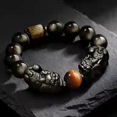 【财源貔貅】 熊银匠 招财进宝 瑞兽心经 聚财纳福 吉祥好运 新中式国潮复古虎眼石玛瑙金曜岩转运珠手饰 黑曜石 手串 男女同款情侣款