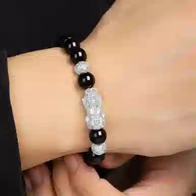 【招财貔貅】 熊银匠 吉祥瑞兽 平安好运 时来运转 聚财纳福 新中式国潮复古铜钱转运珠 男朋友 父亲 黑曜石 足银手串 男女同款情侣款