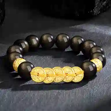 【财源滚滚】 熊银匠 聚财五帝钱 招财进宝 平安纳福 财运亨通 时来运转 新中式国潮铜钱金曜石转运珠 黑曜石 足银手串 男女同款情侣款