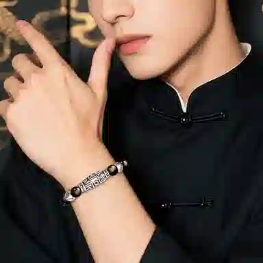 【九眼天珠】 熊银匠 福运传承系列 吉祥好运 平安纳福 新中式国潮复古金曜石转运珠 简约大气百搭手饰 黑曜石 足银手串 男女同款情侣款