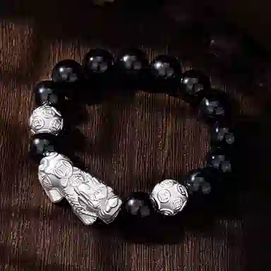 【足银貔貅】 熊银匠 吉祥瑞兽 招财纳福 财源滚滚 新中式国潮复古高级感钱币转运珠 简约大气 黑曜石 手串 男女同款情侣款