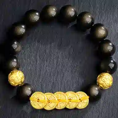 【财源滚滚】 熊银匠 聚财五帝钱 招财进宝 平安纳福 财运亨通 时来运转 新中式国潮铜钱金曜石转运珠 黑曜石 足银手串 男女同款情侣款