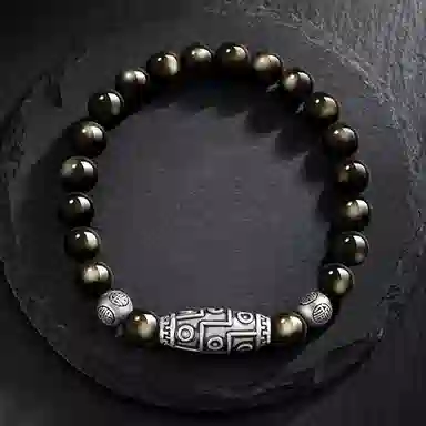 【九眼天珠】 熊银匠 福运传承系列 吉祥好运 平安纳福 新中式国潮复古金曜石转运珠 简约大气百搭手饰 黑曜石 足银手串 男女同款情侣款