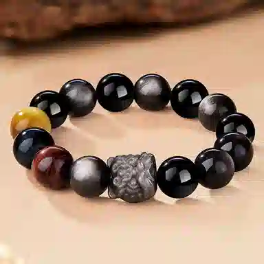 【狮来运转】 熊银匠 祥瑞醒狮 吉祥好运 喜事连连 财运滚滚 新中式国潮虎眼石转运珠 复古大气 黑曜石 手串 男女同款情侣款