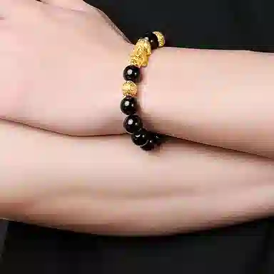 【祥瑞貔貅】 熊银匠 吉祥 招财好运 聚财纳福 新中式国潮福运金钱珠转运珠 黑曜石 手串 男女同款情侣款