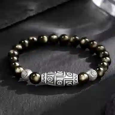 【九眼天珠】 熊银匠 福运传承系列 吉祥好运 平安纳福 新中式国潮复古金曜石转运珠 简约大气百搭手饰 黑曜石 足银手串 男女同款情侣款