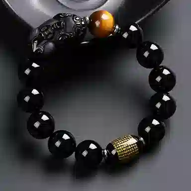 【财源滚滚】 熊银匠 招财貔貅 平安吉祥 聚财纳福 新中式国潮心经好运护身符转运珠虎晴石 男友 父亲 黑曜石 黑玛瑙手串 男女同款情侣款