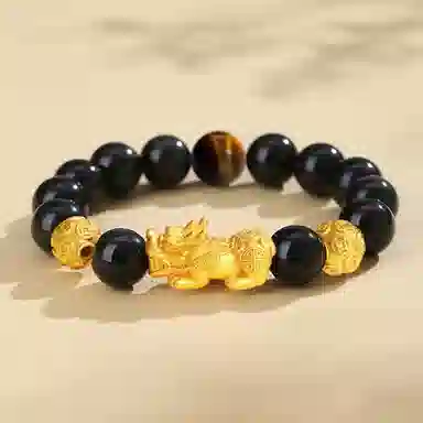 【祥瑞貔貅】 熊银匠 吉祥 招财好运 聚财纳福 新中式国潮福运金钱珠转运珠 黑曜石 手串 男女同款情侣款