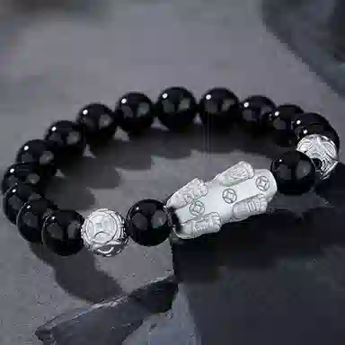 【招财貔貅】 熊银匠 吉祥瑞兽 平安好运 时来运转 聚财纳福 新中式国潮复古铜钱转运珠 男朋友 父亲 黑曜石 足银手串 男女同款情侣款