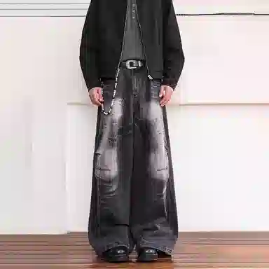 欧迪芬 美式复古宽松拉链做旧阔腿牛仔裤 女款 黑色