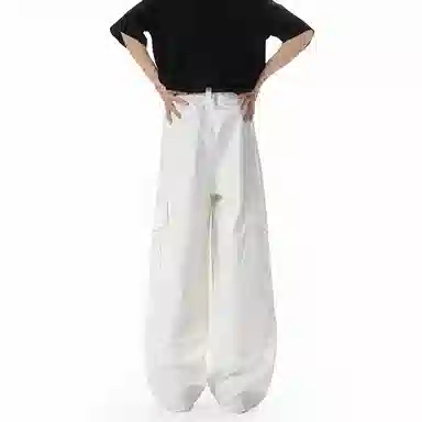 欧迪芬 嘻哈街头工装铆钉多功能口袋裤腿褶皱拼接水洗纽扣个性简约时尚舒适宽松直筒百搭日常通勤多垂坠感休闲裤 男女同款