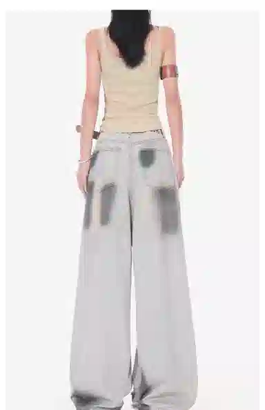 欧迪芬 高街破洞做旧水洗裤女高腰宽松显瘦阔腿裤垂感舒适时尚个性潮流牛仔裤 女款