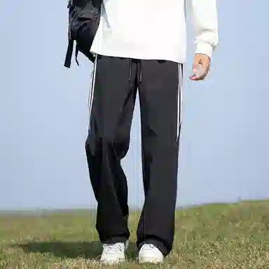 欧迪芬 轻薄长裤 简约舒适百搭时尚宽松透气美式复古设计高街潮牌条纹织带直筒阔腿针织运动裤显瘦显高休闲裤 女款