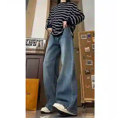 欧迪芬 复古蓝宽松显瘦小个子垂感长裤子阔腿牛仔裤 男女同款