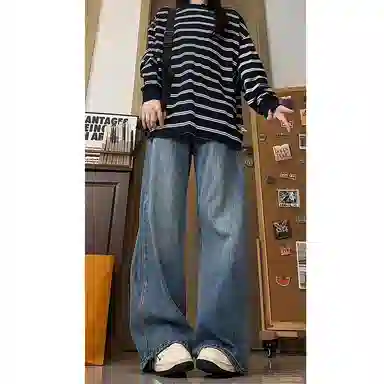 欧迪芬 阔腿裤女春秋款高腰宽松梨形身材显瘦垂感复古直筒拖地裤子牛仔裤 女款