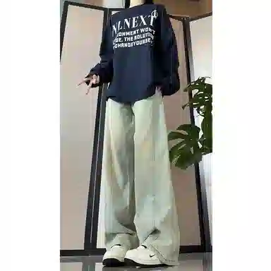 欧迪芬 复古浅色水洗做旧阔腿裤女秋季高腰宽松显瘦直筒拖地裤子 牛仔裤 女款