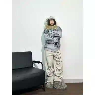 欧迪芬 美式复古脏脏色水洗做旧阔腿裤情侣款字母印花嘻哈休闲直筒长裤牛仔裤 男女同款