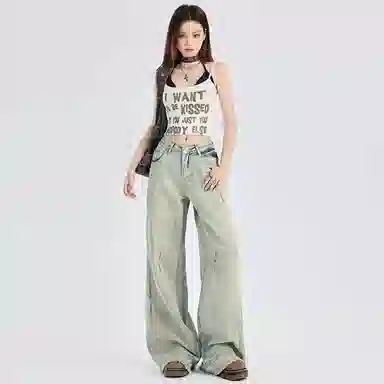 欧迪芬 美式复古水洗做旧高街设计感宽松时尚百搭牛仔裤 男女同款 浅蓝