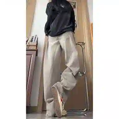 欧迪芬 水洗直筒裤女秋季美式高质量猫须褶皱宽松休闲长裤牛仔裤 女款