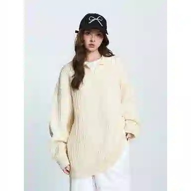 欧迪芬 美式圆领女秋冬季绵羊毛假两件内搭简约翻领毛衣 女款