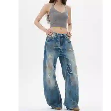 欧迪芬 美式高街慵懒松弛感裤子潮牌设计感废土风破洞潮牛仔裤 女款