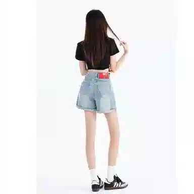 欧迪芬 纯色复古港风直筒休闲舒适三分裤牛仔短裤 女款