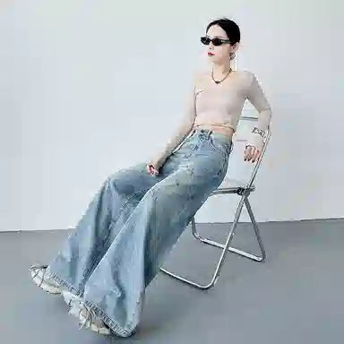 欧迪芬 美式复古阔腿裤高腰宽松长裤牛仔裤 女款 蓝色