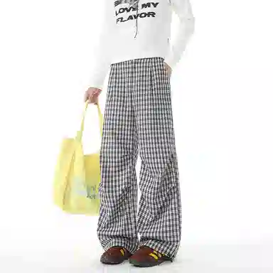 欧迪芬 美式褶皱做旧英伦风松弛直筒格子设计感宽松港风青春少年感流行高街韩系简约潮流痞帅时尚个性舒适透气百搭无性别休闲裤 男女同款