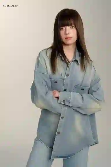 欧迪芬 复古做旧磨破衬衫女个性设计感衬衣休闲宽松显瘦百搭上衣潮流街头痞帅牛仔外套 女款