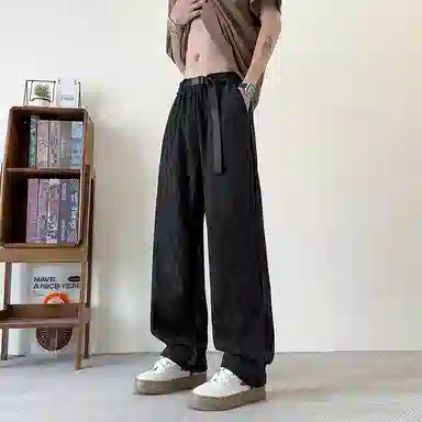 欧迪芬 潮牌复古冰丝凉感速干薄款街头痞帅灯芯绒条纹格子提花卫裤时尚潮流百搭宽松舒适垂感直筒亲肤透气高街休闲裤 男女同款