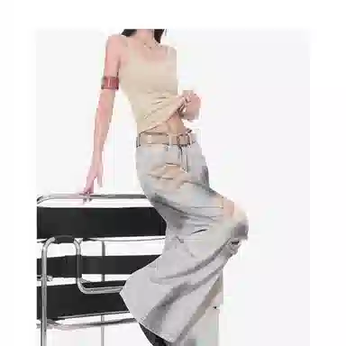 欧迪芬 高街破洞做旧水洗裤女高腰宽松显瘦阔腿裤垂感舒适时尚个性潮流牛仔裤 女款