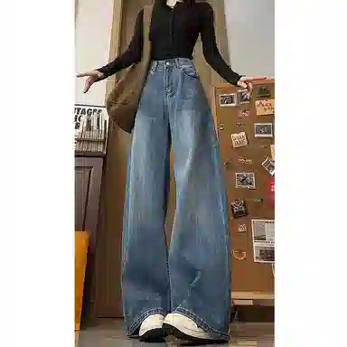欧迪芬 阔腿裤女春秋款高腰宽松梨形身材显瘦垂感复古直筒拖地裤子牛仔裤 女款